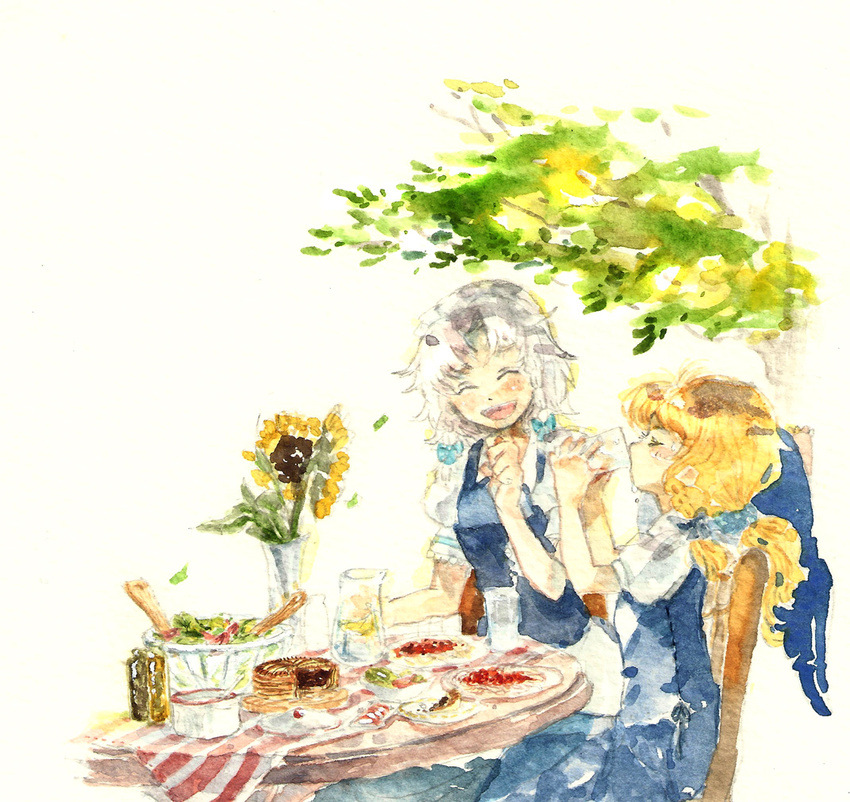 blonde_hair blush braid cake chair closed_eyes drinking flower food glass gogo/tad izayoi_sakuya kirisame_marisa long_hair multiple_girls open_mouth outdoors plate short_hair silver_hair sitting smile sunflower table tablecloth touhou traditional_media twin_braids vase watercolor_(medium) white_background