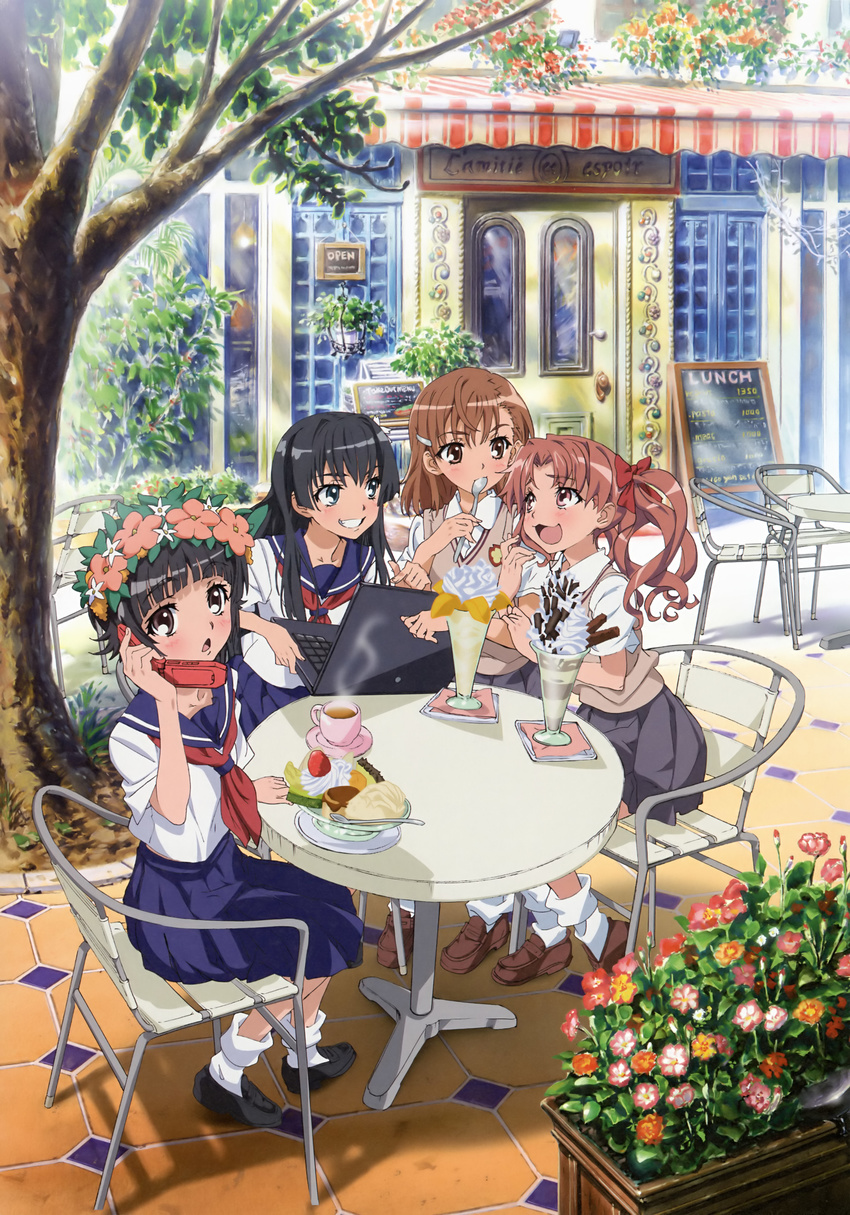 absurdres arm_hug black_hair bow brown_eyes brown_hair cafe chair chalkboard coffee computer cup flower food green_eyes grin hair_bow hair_ornament hairclip head_wreath highres laptop long_hair menu_board misaka_mikoto multiple_girls non-web_source official_art open_mouth outdoors parfait phone plate sakugawa_school_uniform saten_ruiko school_uniform serafuku shirai_kuroko shoes short_hair sitting skirt smile socks spoon spoon_in_mouth table teacup to_aru_kagaku_no_railgun to_aru_majutsu_no_index tokiwadai_school_uniform tree twintails uiharu_kazari