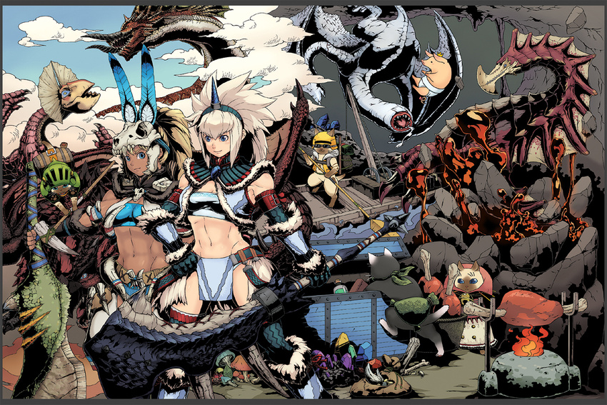 agnaktor armor blonde_hair blue_eyes boat bone boned_meat cat cloud felyne fire food gem gloves helmet horns khezu kirin_(armor) meat melynx midriff monster_hunter monster_hunter_3 monster_hunter_frontier multiple_girls mushroom nekoht poogie rathalos raviente skull sword torashiro_eiji watercraft weapon yian_kut-ku