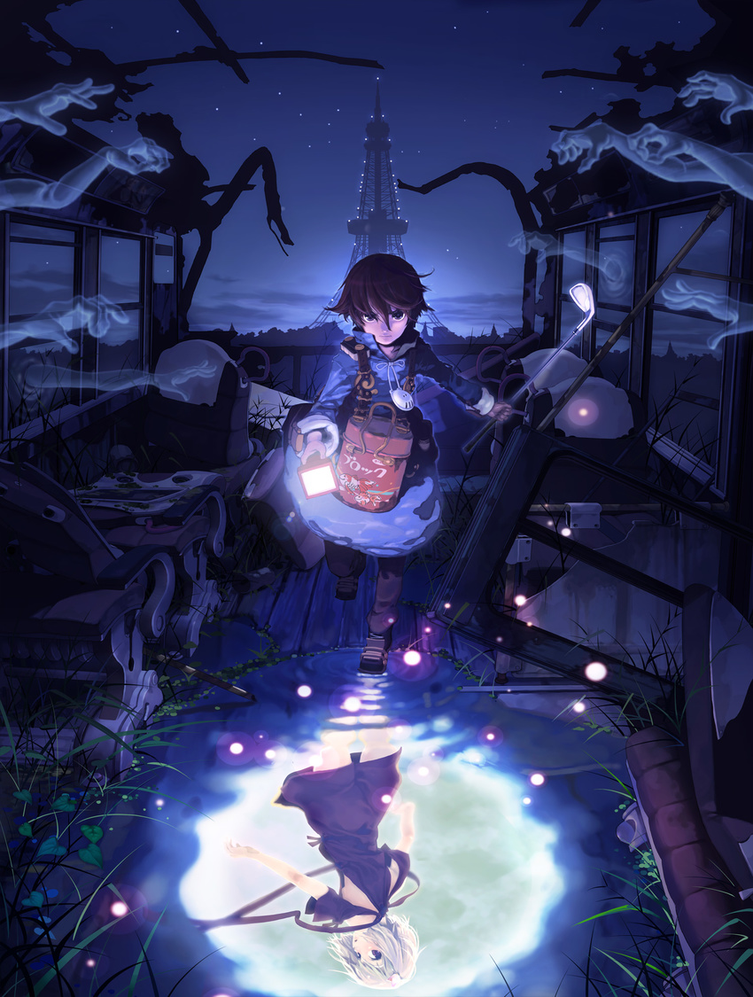 1girl artist_request bag different_reflection flashlight fragile:_sayonara_tsuki_no_haikyo full_moon ghost glowing golf_club hands highres moon night official_art reflection ren_(fragile) seto_(fragile) short_hair tower water