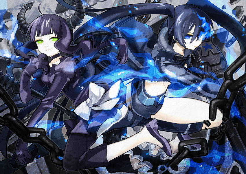 absurdres arm_cannon black_hair black_rock_shooter black_rock_shooter_(character) blue_eyes boots bow burning_eye chain choker claws coat dead_master gloves glowing glowing_eye green_eyes gun haruo_(clownberry) highres horns long_hair midriff multiple_girls purple_hair ribbon scythe serious shoes shorts smile star twintails weapon