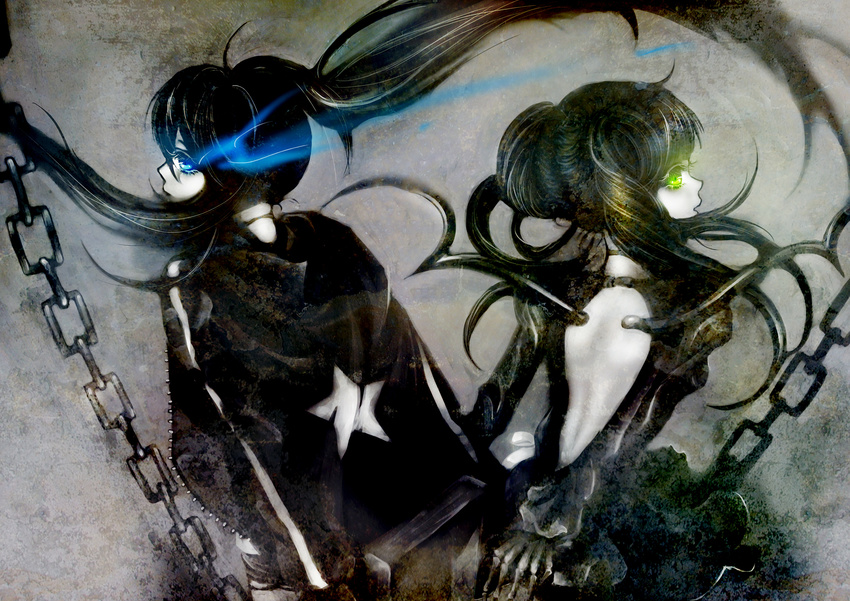 absurdres backless_outfit bad_id bad_pixiv_id black_hair black_rock_shooter black_rock_shooter_(character) blue_eyes chain dead_master glowing glowing_eyes green_eyes highres jacket multiple_girls star ta_(shyura) twintails