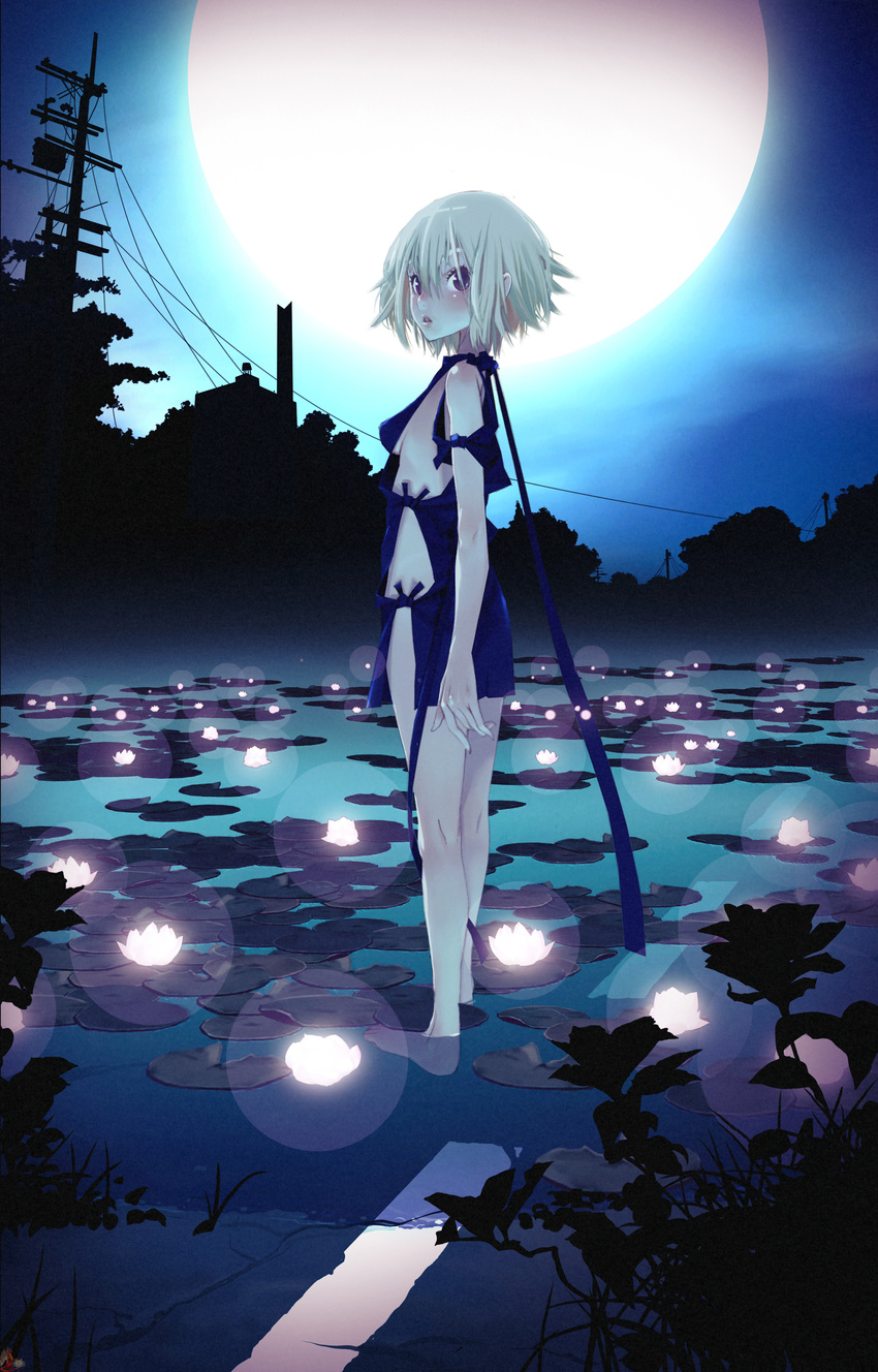 absurdres artist_request barefoot breasts flower fragile:_sayonara_tsuki_no_haikyo from_side full_moon glowing highres kneepits looking_at_viewer lotus medium_breasts moon night no_panties official_art power_lines ren_(fragile) shallow_water short_hair sideboob solo telephone_pole wading water white_hair