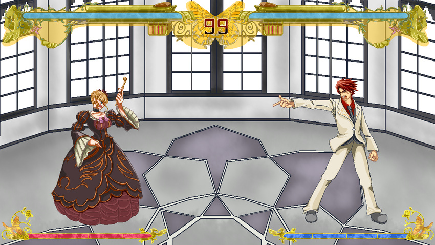 1girl beatrice blonde_hair blue_eyes dress fake_screenshot fighting_game frills gigalmash hair_ornament kiseru pipe pixel_art pointing red_hair smile sprites umineko_no_naku_koro_ni ushiromiya_battler