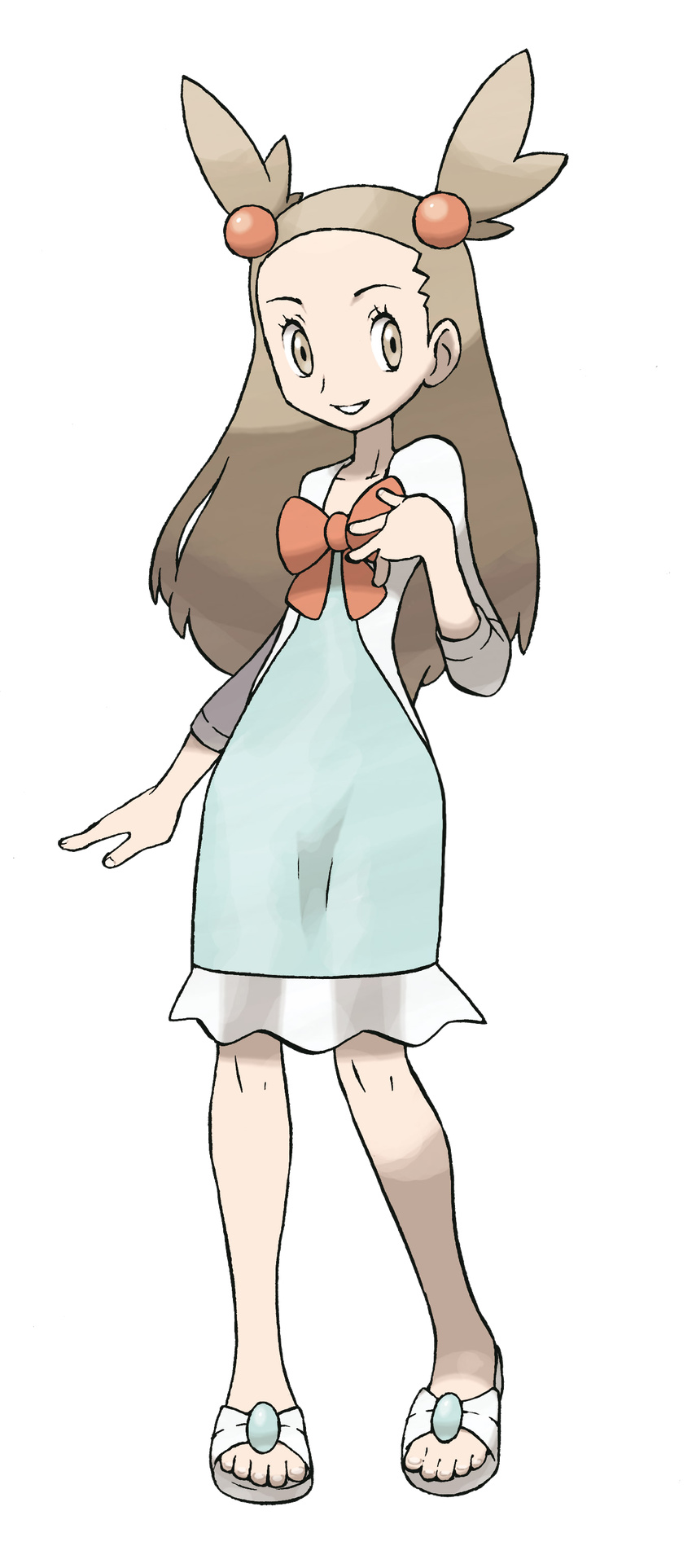 absurdres bow brown_eyes brown_hair dress gym_leader highres long_hair mikan_(pokemon) nintendo official_art pokemon pokemon_(game) pokemon_gsc sandals simple_background smile solo two_side_up