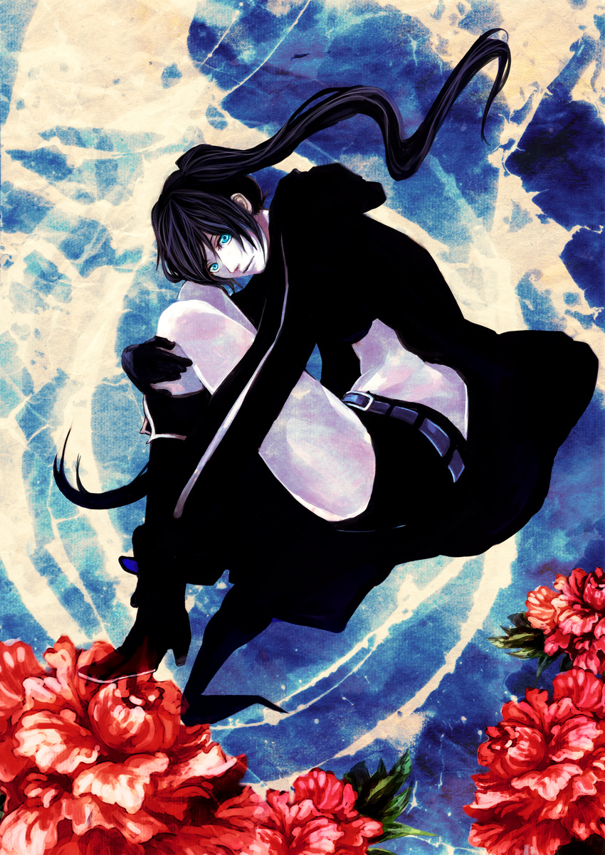 absurdres bad_id bad_pixiv_id black_hair black_rock_shooter black_rock_shooter_(character) blue_eyes boots flower gloves highres long_hair midriff peony_(flower) solo tsuyomaru