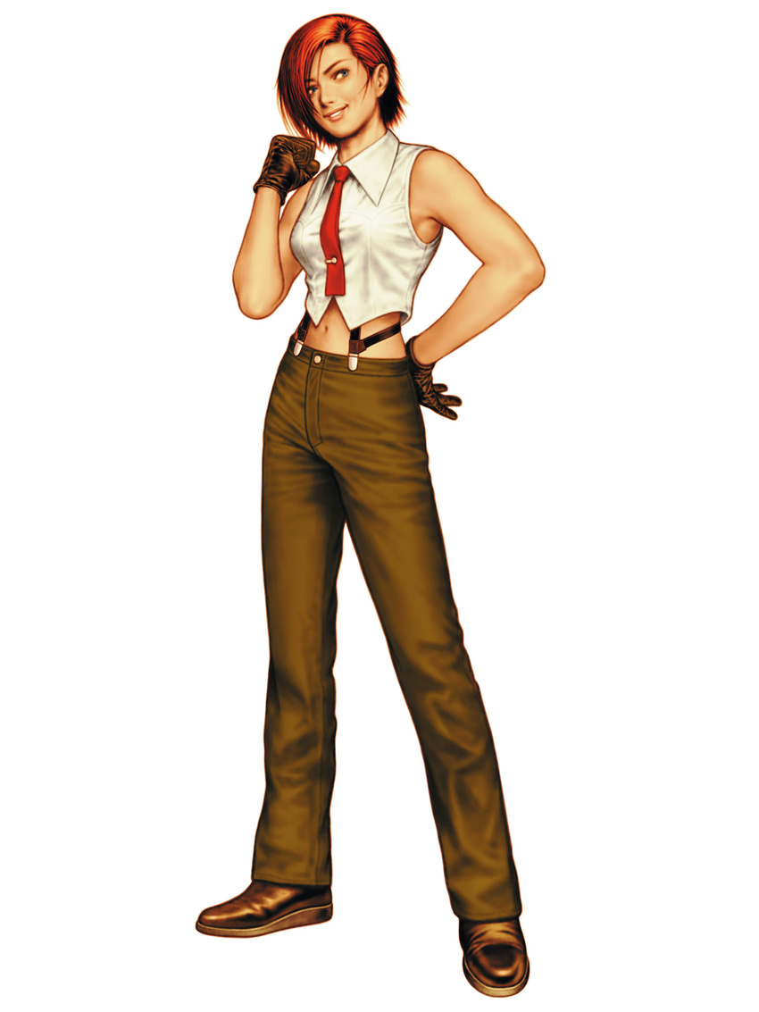 blue_eyes gloves highres midriff mori_toshiaki necktie non-web_source official_art red_hair short_hair solo suspenders the_king_of_fighters the_king_of_fighters_2000 vanessa_(king_of_fighters)