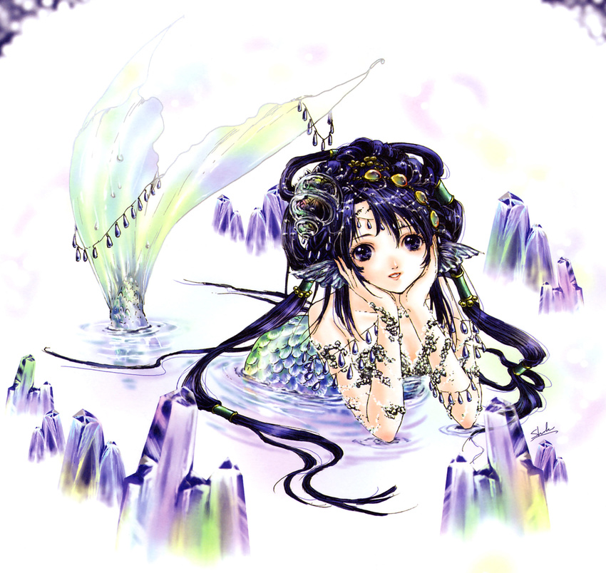 absurdres beads chin_rest crystal hair_ornament head_fins highres jewelry long_hair looking_at_viewer mermaid monster_girl original parted_lips partially_submerged purple_eyes purple_hair ripples shiitake_(gensoudou) smile solo water white_background