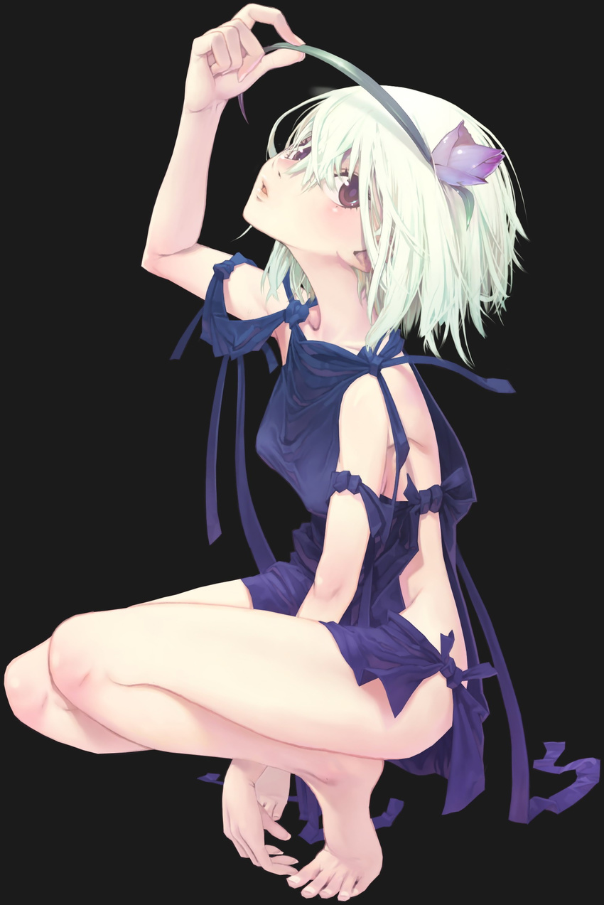 albino artist_request barefoot feet flower fragile:_sayonara_tsuki_no_haikyo full_body hair_flower hair_ornament hands highres red_eyes ren_(fragile) short_hair simple_background solo squatting