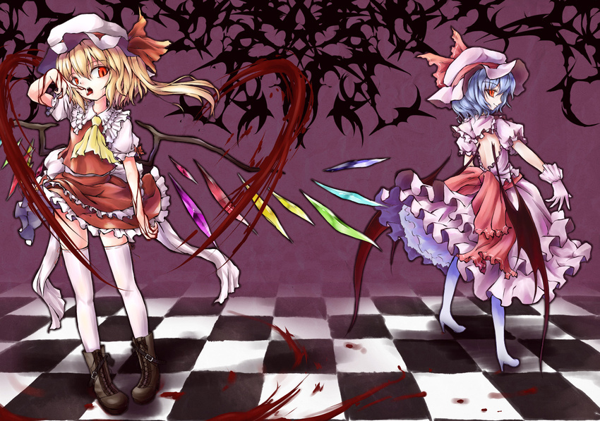 awa_yume bat_wings blonde_hair blue_hair flandre_scarlet hat multiple_girls ponytail red_eyes remilia_scarlet short_hair siblings side_ponytail sisters thighhighs touhou white_legwear wings