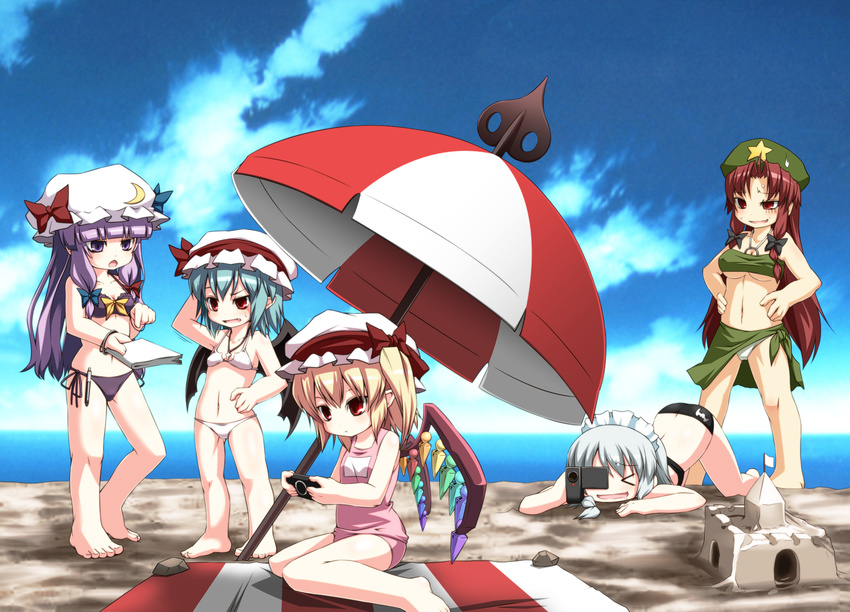 alternate_color_school_swimsuit barefoot bat_wings beach bikini breasts camera cross day flag flandre_scarlet handheld_game_console hat highres hong_meiling izayoi_sakuya jewelry laevatein mechanical_pencil medium_breasts multiple_girls navel necklace noya_makoto one-piece_swimsuit outdoors patchouli_knowledge pencil playstation_portable red_swimsuit remilia_scarlet sand_castle sand_sculpture school_swimsuit side-tie_bikini side_ponytail small_breasts swimsuit touhou umbrella underboob wings