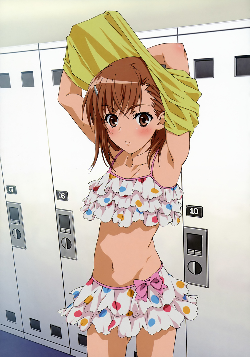 absurdres armpits arms_up bad_anatomy bikini blush brown_eyes brown_hair hair_ornament hairclip highres locker locker_room misaka_mikoto non-web_source official_art sano_keiichi shirt short_hair solo swimsuit to_aru_kagaku_no_railgun to_aru_majutsu_no_index undressing