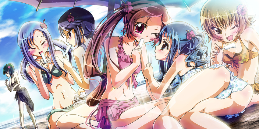 beach beach_umbrella bikini blush dark_precure day eyelashes flower food hanasaki_tsubomi heartcatch_precure! hibiscus highres ice_cream inoshishi_(ikatomo) kurumi_erika kurumi_momoka multiple_girls myoudouin_itsuki precure sexually_suggestive swimsuit tsukikage_yuri umbrella