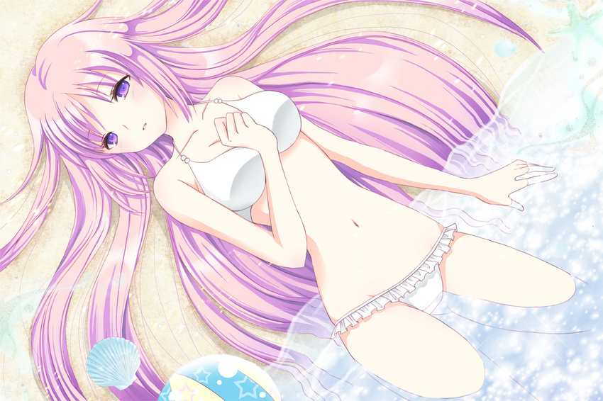 ball beach beachball bikini herua long_hair lying original pink_hair purple_eyes shell solo swimsuit waves