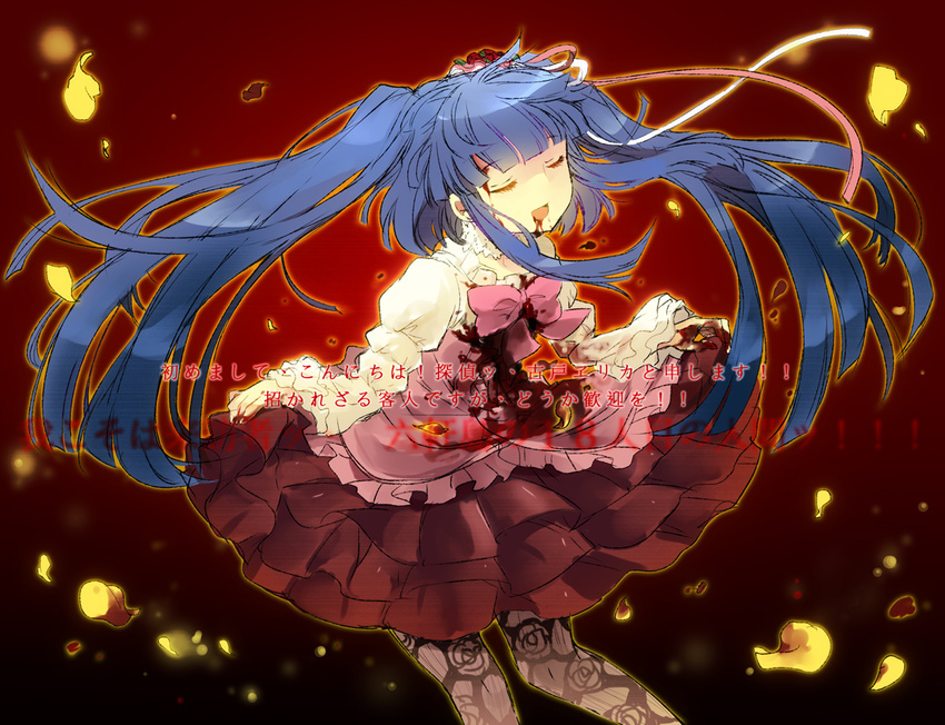blood blue_hair bow choker closed_eyes curtsey dawn_of_the_golden_witch dress flower furudo_erika hair_flower hair_ornament injury kl long_hair long_sleeves open_mouth pantyhose petals pink_bow smile solo spoilers translated twintails umineko_no_naku_koro_ni