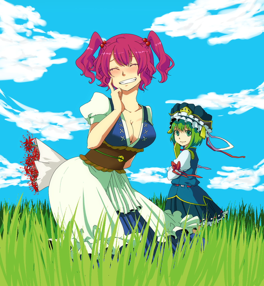 blush bouquet breasts cleavage closed_eyes cloud day finger_to_face flower green_eyes green_hair grin hair_bobbles hair_ornament hat highres ibe_yukiharu large_breasts multiple_girls nature onozuka_komachi outdoors red_hair rod_of_remorse shiki_eiki sky smile spider_lily touhou two_side_up