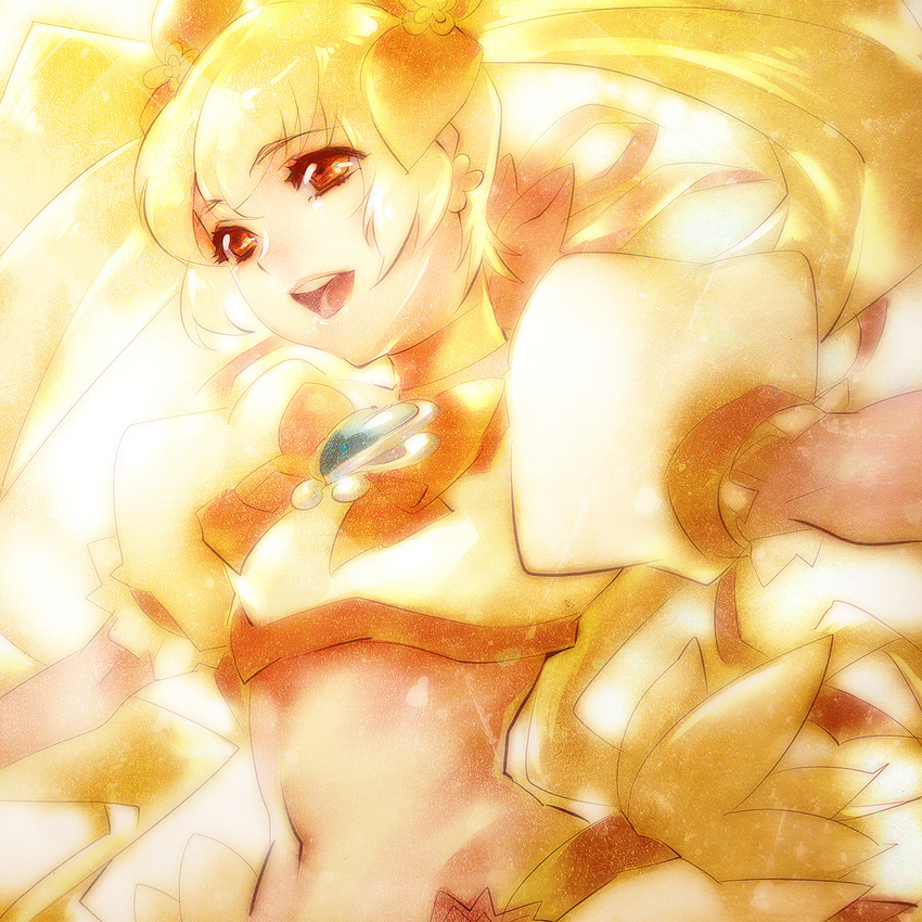 blonde_hair bloom bow choker cure_sunshine face flower hair_flower hair_ornament hair_ribbon heartcatch_precure! highres long_hair magical_girl midriff myoudouin_itsuki navel open_mouth orange_bow orange_choker outstretched_arms precure ribbon slender_waist smile solo spread_arms tamachi_kuwa twintails yellow yellow_eyes