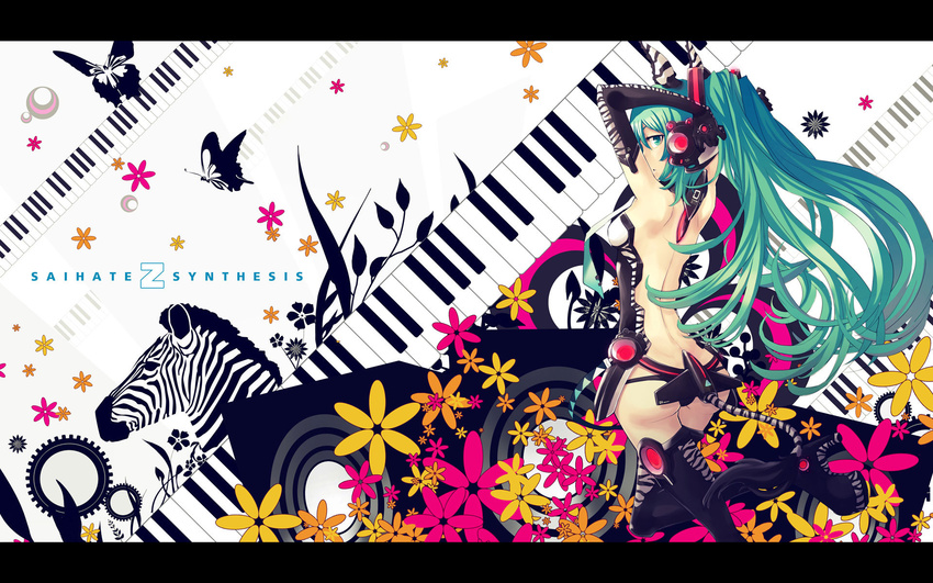 animal_ears animal_print aqua_eyes aqua_hair arms_up ass back bad_id bad_pixiv_id bare_back boots bug butterfly elbow_gloves flower gloves hatsune_miku high_heels highres insect long_hair looking_back necktie ochakai_shin'ya piano_keys saihate_(vocaloid) shoes solo speaker tail thigh_boots thighhighs very_long_hair vocaloid wallpaper zebra zebra_print