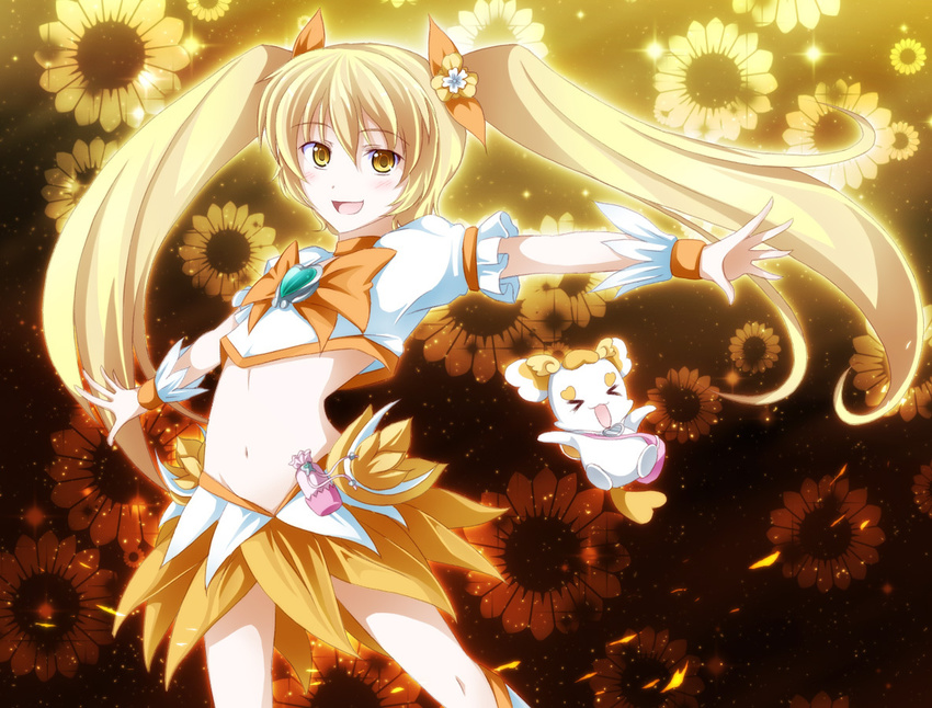 blonde_hair bow choker cure_sunshine floral_background flower hair_ribbon heartcatch_precure! long_hair magical_girl midriff myoudouin_itsuki navel orange_(color) orange_background orange_bow orange_choker orange_skirt potpourri_(heartcatch_precure!) precure ribbon skirt solo sunflower tri twintails very_long_hair wrist_cuffs yellow_eyes