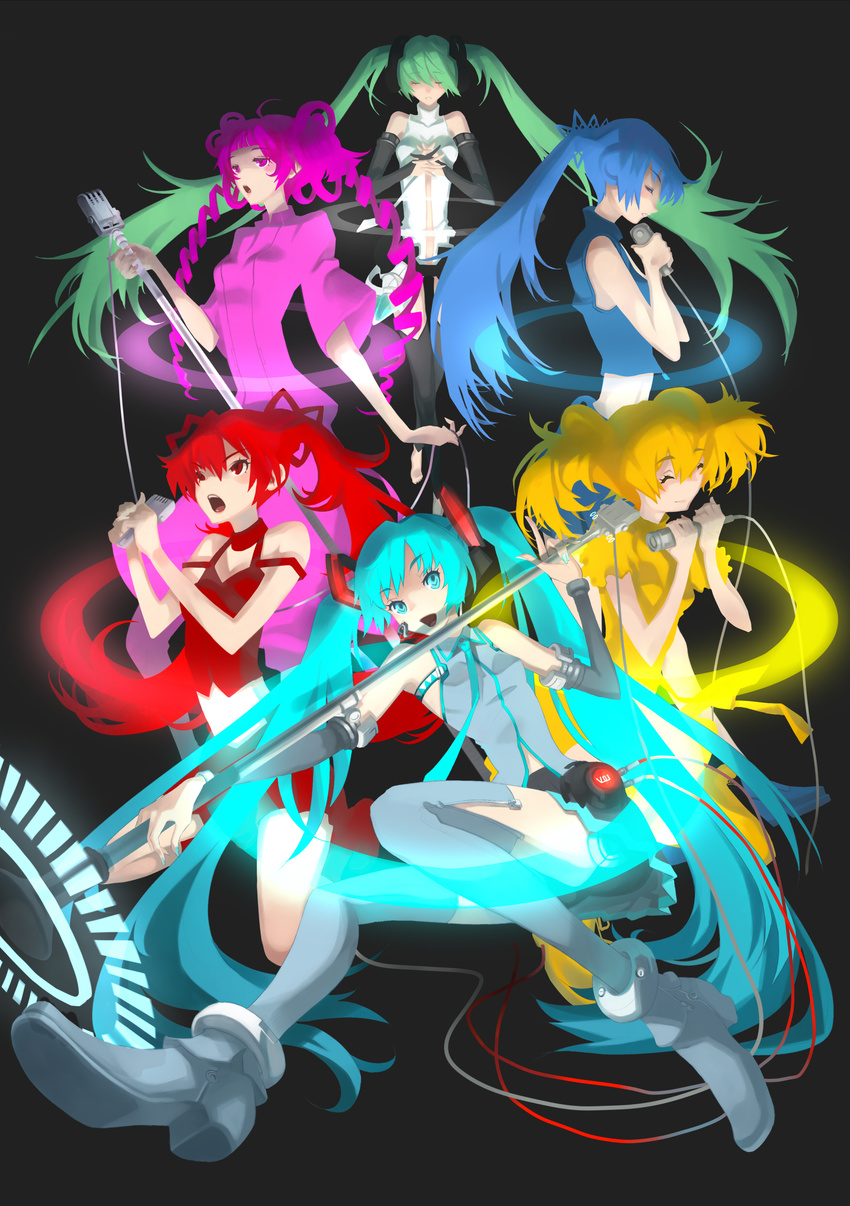 absurdres ai[sora] alternate_color bad_id bad_pixiv_id hatsune_miku hatsune_miku_(append) highres long_hair microphone multiple_girls multiple_persona very_long_hair vocaloid vocaloid_append