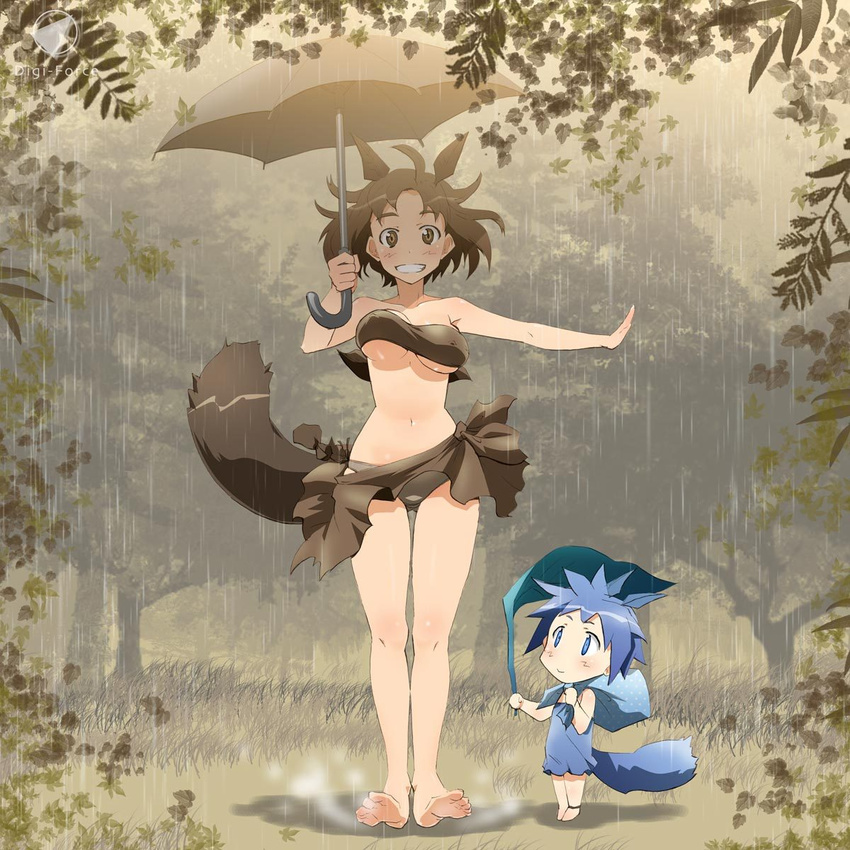 ahoge animal_ears bandeau bare_shoulders barefoot blue_eyes blue_hair bob_cut bouncing_breasts breasts brown_eyes brown_hair brown_sarong feet genderswap genderswap_(mtf) grin highres jpeg_artifacts kimura_shigetaka leaf legs medium_breasts messy_hair midriff outstretched_arm panties personification rain sarong smile strapless tail tonari_no_totoro totoro tree tubetop umbrella underboob underwear wind wind_lift