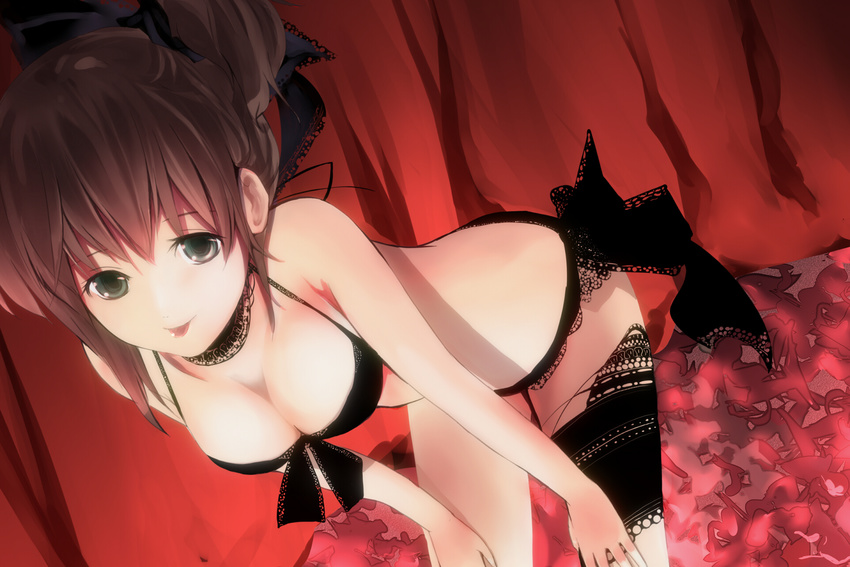 :p bad_id bad_pixiv_id bangs bent_over black_panties bra breasts brown_hair choker cleavage green_eyes highres lace lace-trimmed_bra lace-trimmed_panties lingerie medium_breasts original panties ribbon ryoku solo thigh_ribbon tongue tongue_out underwear underwear_only