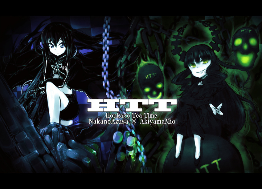 akiyama_mio black_hair black_rock_shooter black_rock_shooter_(character) black_rock_shooter_(character)_(cosplay) blue_eyes bow chain coat cosplay dead_master dead_master_(cosplay) green_eyes grin highres horns k-on! letterboxed long_hair look-alike multiple_girls nakano_azusa shorts skull smile tom_(drpow) twintails