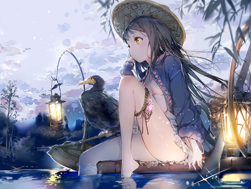 1girl absurdres anmi bare_legs barefoot bird black_hair breasts chinese_clothes expressionless feet_in_water frills hat highres lantern legs long_hair net no_bra oar one_leg_raised open_clothes open_shirt original raft river scan shirt sitting sky small_breasts soaking_feet straw_hat thigh_strap thighs water yellow_eyes