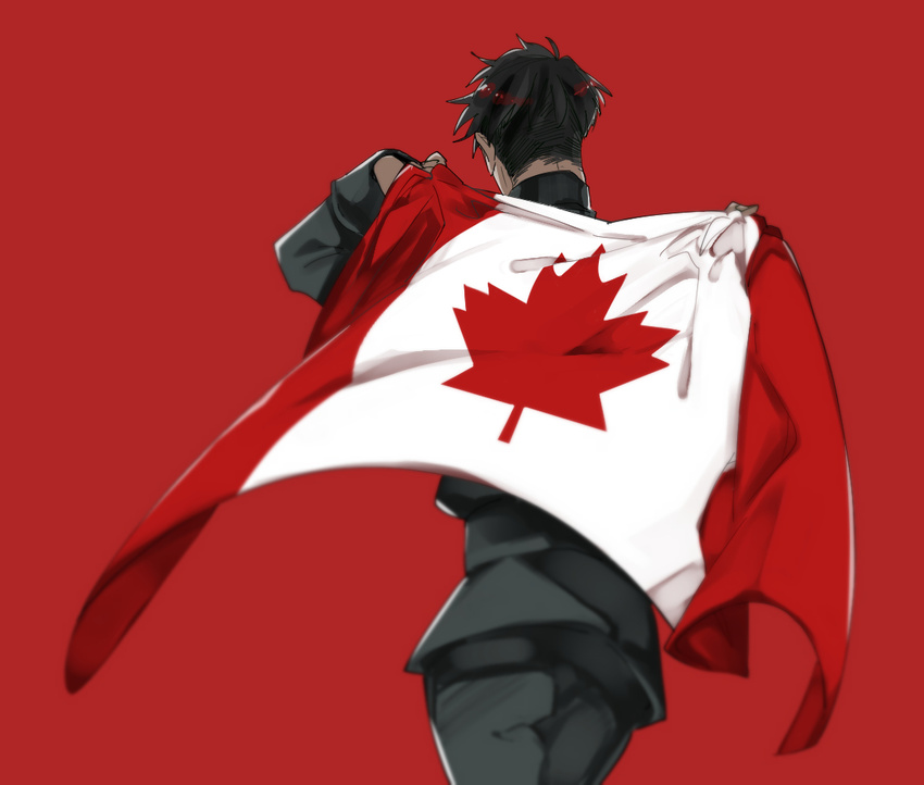 bad_id bad_pixiv_id black_hair canadian_flag con_potata flag from_behind jean-jacques_leroy male_focus red_background walking yuri!!!_on_ice