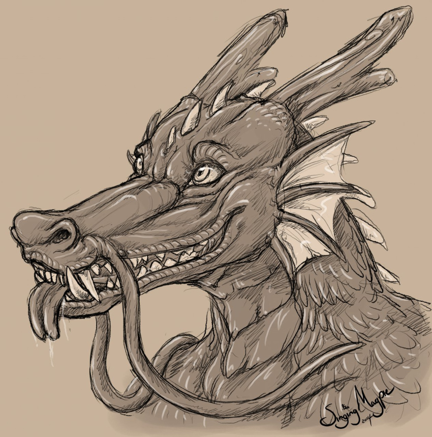 dragon drooling eastern_dragon forked_tongue frill horn saliva scalie singingmagpie smile solo tongue whiskers