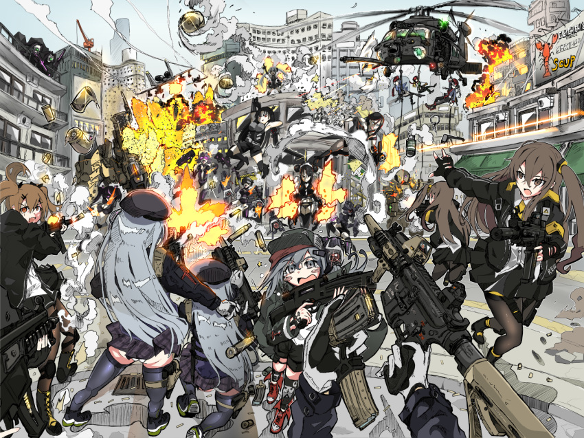 404_(girls_frontline) 6+girls 9a-91_(girls_frontline) a-10_thunderbolt_ii acog aegis_(girls_frontline) agent_(girls_frontline) ak47_(girls_frontline) ammunition artist_request assault_rifle battle bomb bullet_casing city clone commentary_request destroyer_(girls_frontline) destruction dinergate_(girls_frontline) dropping executioner_(girls_frontline) explosion firing g11 g11_(girls_frontline) gatling_gun girls_frontline guard_(girls_frontline) gun h&amp;k_ump heckler_&amp;_koch hk416 hk416_(girls_frontline) intruder_(girls_frontline) manticore_(girls_frontline) multiple_girls ots-14_(girls_frontline) reloading rifle ripper_(girls_frontline) sangvis_ferri shell_casing smoke_grenade submachine_gun uh-60_blackhawk ump45_(girls_frontline) ump9_(girls_frontline) vespid_(girls_frontline) weapon