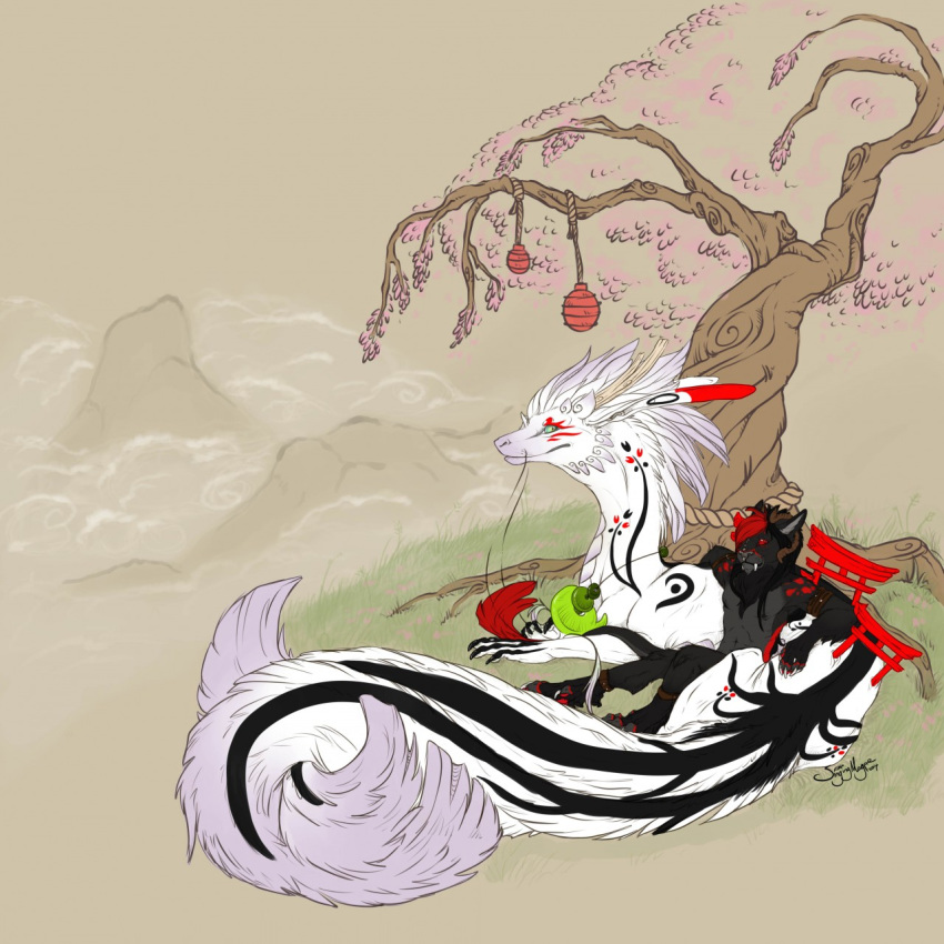 chimera dragon duo eastern_dragon horn hybrid male raylldo ryuga singingmagpie tree