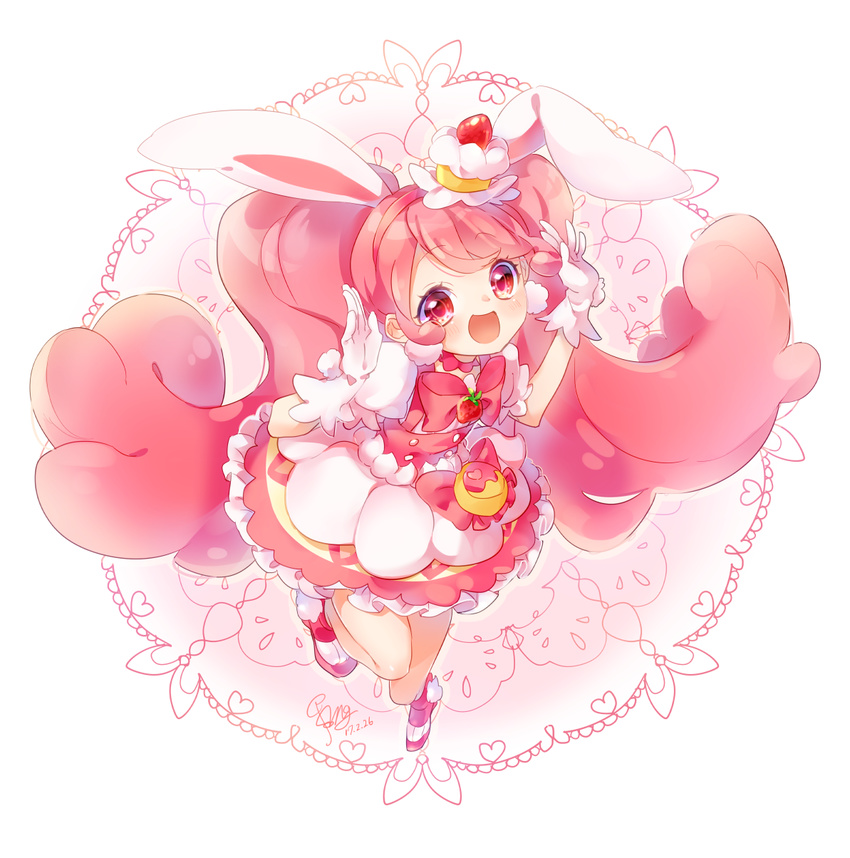 :d animal_ears bunny_ears choker cure_whip dated extra_ears eyebrows_visible_through_hair food food_themed_hair_ornament fruit gloves hair_ornament highres kirakira_precure_a_la_mode long_hair looking_at_viewer magical_girl open_mouth pink_choker pink_eyes pink_hair precure shimogu signature smile solo strawberry twintails usami_ichika very_long_hair white_gloves