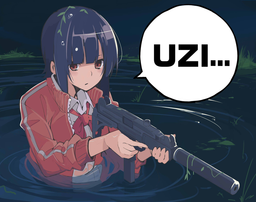 akagawa007 bad_id bad_pixiv_id bangs black_hair blunt_bangs gun highres imi_uzi jacket original red_eyes red_jacket ribbon school_uniform short_hair solo submachine_gun suppressor swamp track_jacket trigger_discipline wading water weapon wet wet_hair