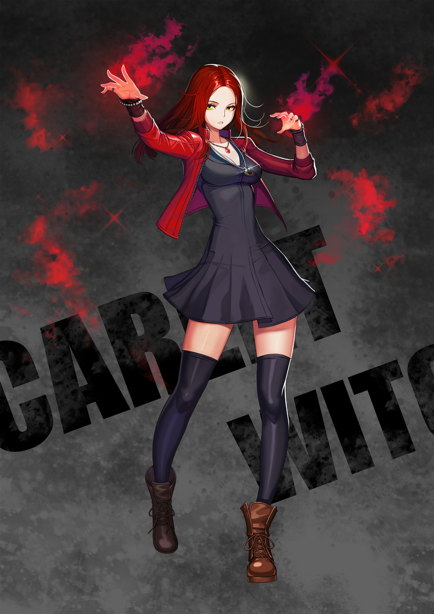avengers avengers:_age_of_ultron bead_bracelet beads black_dress black_legwear boots bracelet character_name dress full_body highres jacket jewelry kim_jin_sung long_hair looking_at_viewer marvel necklace red_hair red_jacket ring scarlet_witch solo standing thighhighs wanda_maximoff zettai_ryouiki