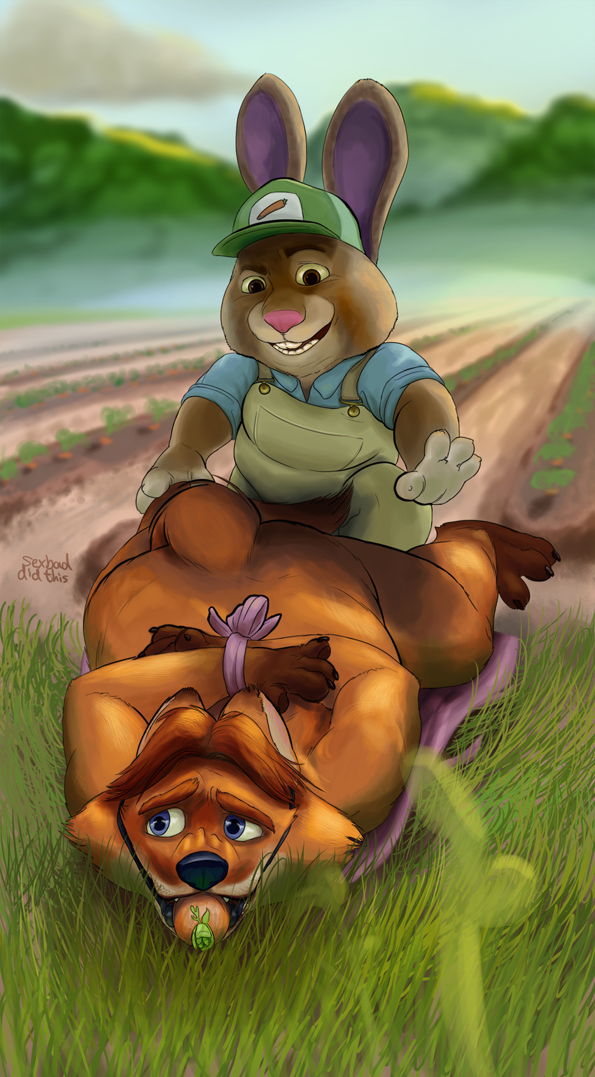 2017 anthro ball_gag bdsm bondage bound buckteeth canine carrot clothed clothing digital_media_(artwork) dipstick_ears disney duo farm field food fox fur gag gideon_grey hair hat hi_res lagomorph lying male male/male mammal nude open_mouth overalls overweight pinned rabbit sexbad size_difference slightly_chubby small_dom_big_sub smile stu_hopps tail_tucked teeth vegetable wrists_tied zootopia