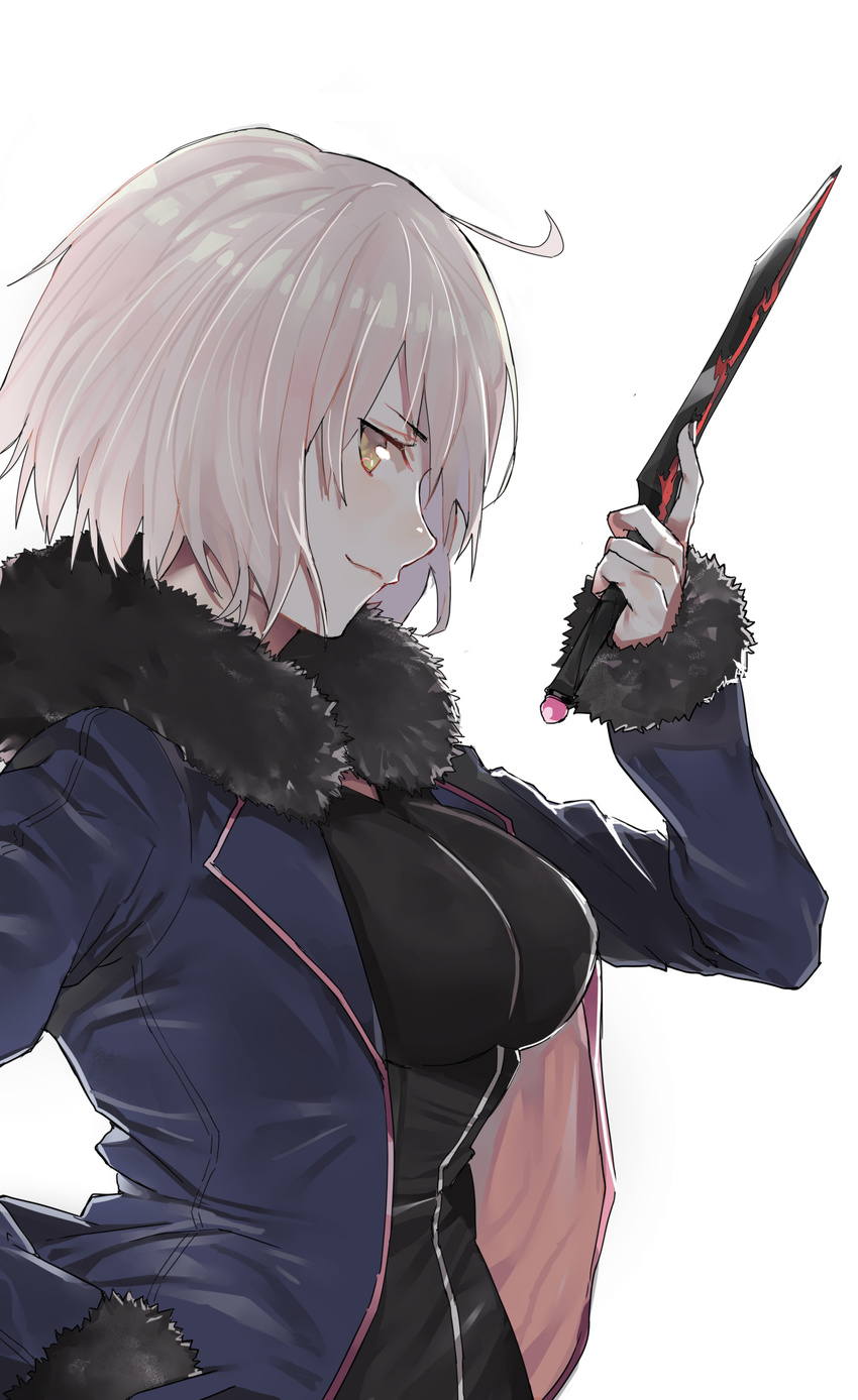 ahoge bangs black_coat black_dress breasts coat dress fate/grand_order fate_(series) fur_trim hand_in_pocket hand_up highres holding holding_knife holding_weapon jacket jeanne_d'arc_(alter)_(fate) jeanne_d'arc_(fate)_(all) knife large_breasts long_sleeves looking_at_viewer open_clothes open_coat open_jacket pinch_(nesume) short_dress short_hair silver_hair solo standing upper_body weapon wicked_dragon_witch_ver._shinjuku_1999 yellow_eyes