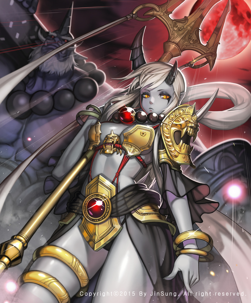 1girl absurdres armor bead_necklace beads bikini_armor bracelet breasts dutch_angle facepaint gem gold_armor grey_skin highres horn horns japanese_mythology jewelry kim_jin_sung long_hair medium_breasts moon muscle necklace oni original polearm red_moon thighlet trident weapon white_hair wind yellow_eyes
