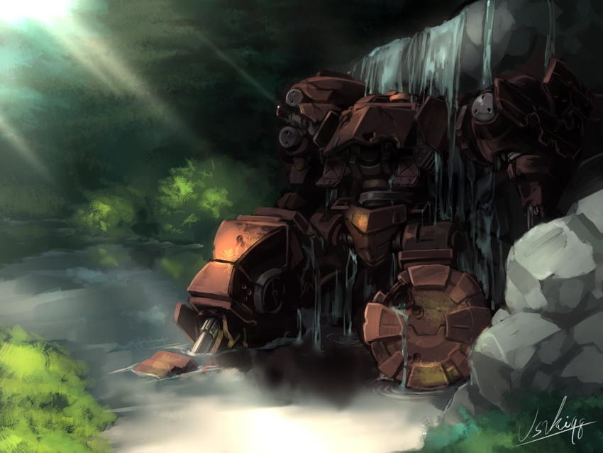 armored_core armored_core_5 mecha sunbeams waterfall