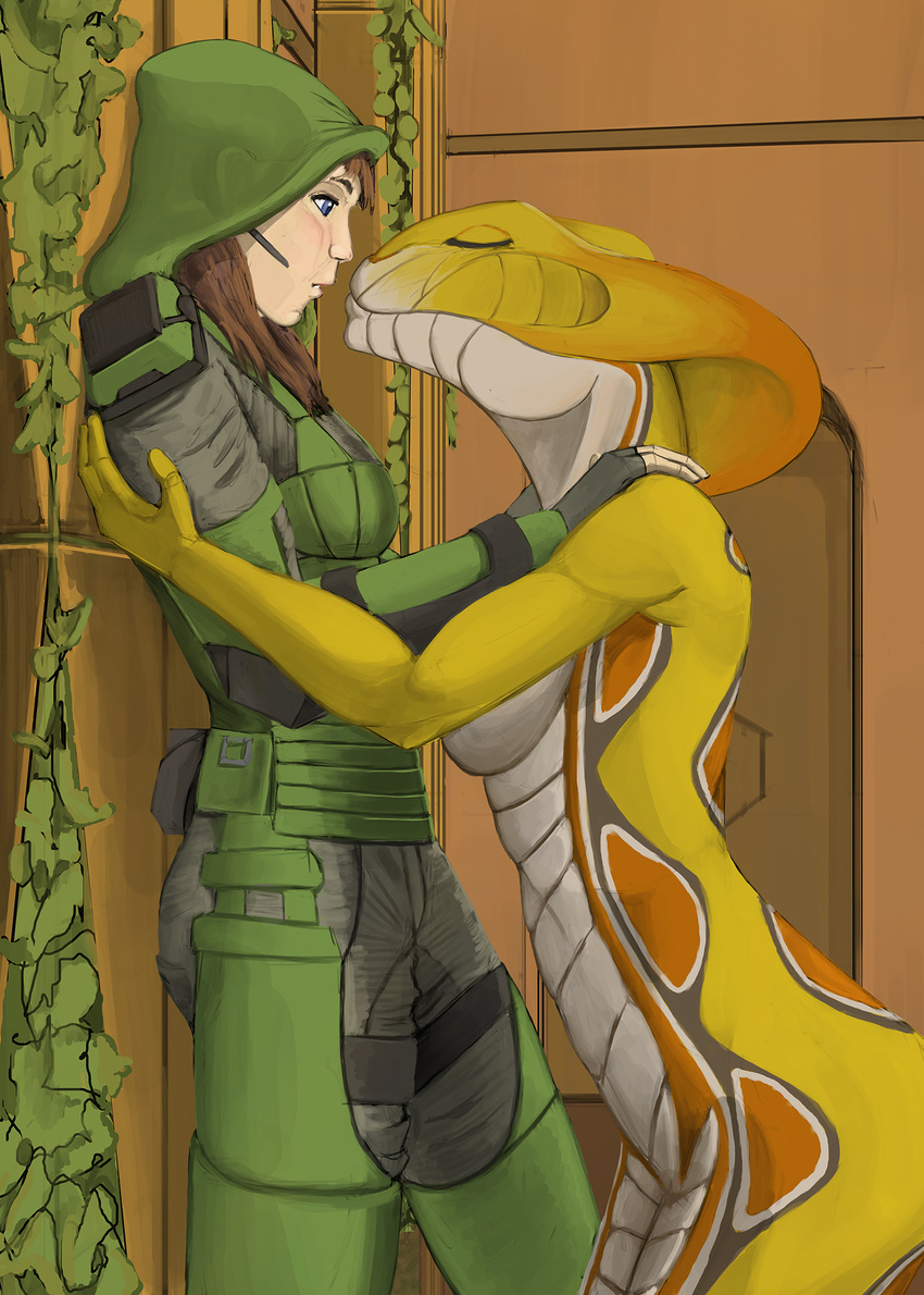 2017 against_wall alien anthro armor blush breasts clothed clothing duo eyes_closed female female/female fingerprint_(artist) hair human human_on_anthro interspecies kissing mammal naga non-mammal_breasts nude reptile scalie snake surprise video_games viper_(x-com) x-com