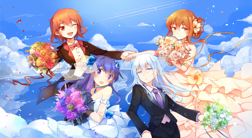 akatsuki_(kantai_collection) alternate_costume bare_shoulders blue_eyes blue_hair bouquet bow bowtie brown_eyes brown_hair choker cloud day dress elbow_gloves fang flower folded_ponytail gloves hair_flower hair_ornament hairclip hibiki_(kantai_collection) highres holding_hands ikazuchi_(kantai_collection) inazuma_(kantai_collection) kantai_collection lace lace_gloves looking_at_viewer multiple_girls necktie one_eye_closed open_mouth parted_lips plaid plaid_neckwear purple_eyes purple_hair ribbon rose sky tuxedo wedding_dress yetworldview_kaze