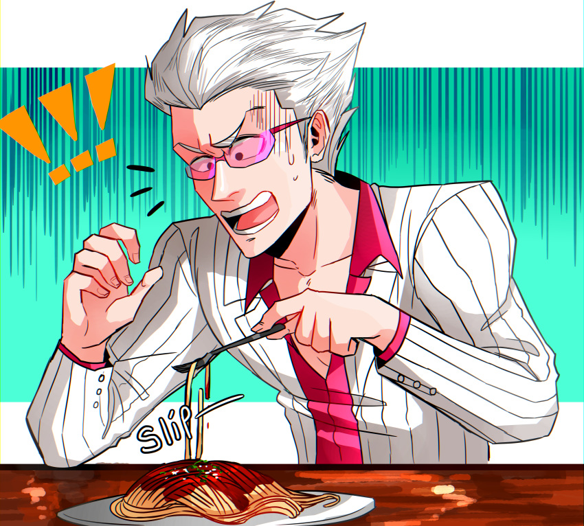 !! 1boy :o absurdres akagi black_eyes drawfag eating food fork formal glasses highres hirayama_yukio male_focus pasta pink-framed_eyewear plate simple_background sitting sketch solo spaghetti spiked_hair suit table tinted_eyewear upper_body white_hair white_suit