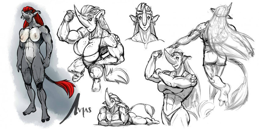 alien anthro avias_(artist) breasts female flexing hybrid looking_at_viewer mammal muscular nipples nude pussy rhinoceros sketch_page solo