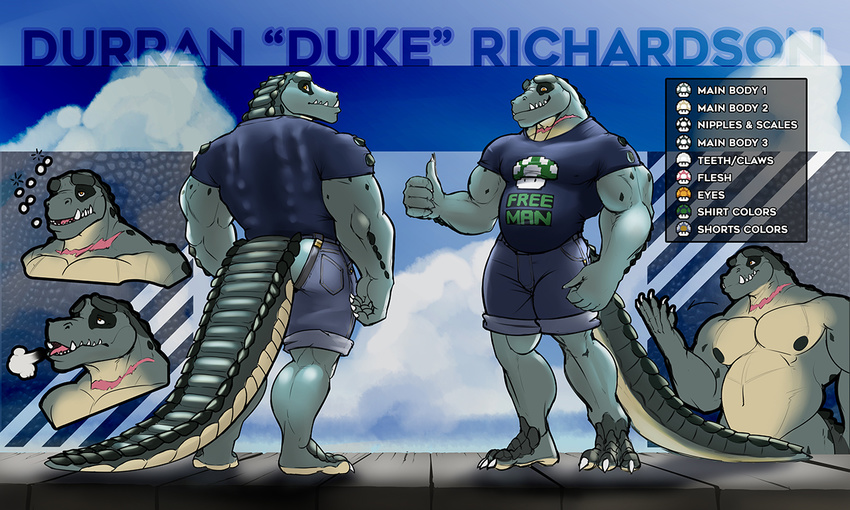 anthro avias_(artist) clothed clothing crocodile crocodilian looking_at_viewer male model_sheet musclegut muscular nipples reptile scalie scar smile solo standing