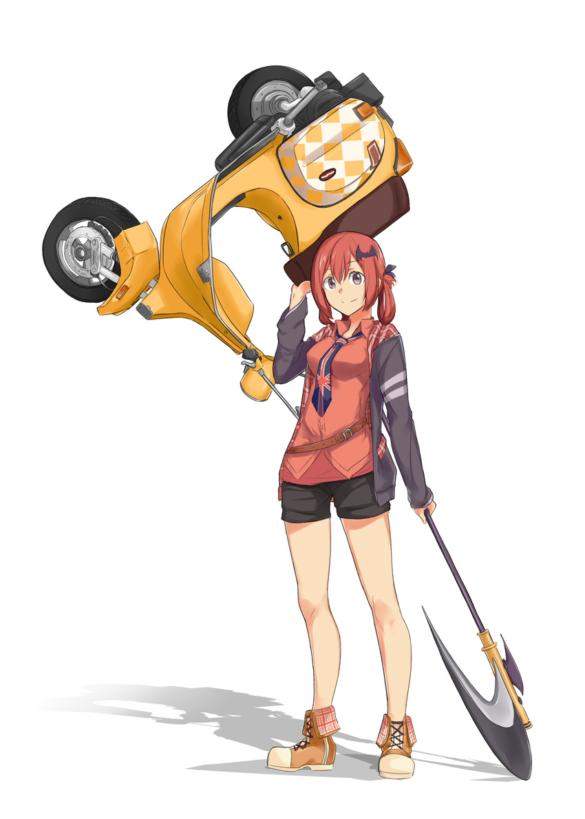 ankle_boots bat_hair_ornament black_shorts blue_neckwear boots breasts brown_footwear closed_mouth collared_shirt commentary_request cross-laced_footwear dress_shirt eyebrows_visible_through_hair full_body gabriel_dropout ground_vehicle hair_between_eyes hair_ornament hair_rings highres holding hood hooded_jacket jacket kurumizawa_satanichia_mcdowell long_sleeves medium_breasts motor_vehicle necktie open_clothes open_jacket orange_hair orange_shirt plaid purple_eyes saruno_(eyesonly712) scooter scythe shirt shorts silhouette simple_background smile solo standing union_jack vespa white_background wing_collar
