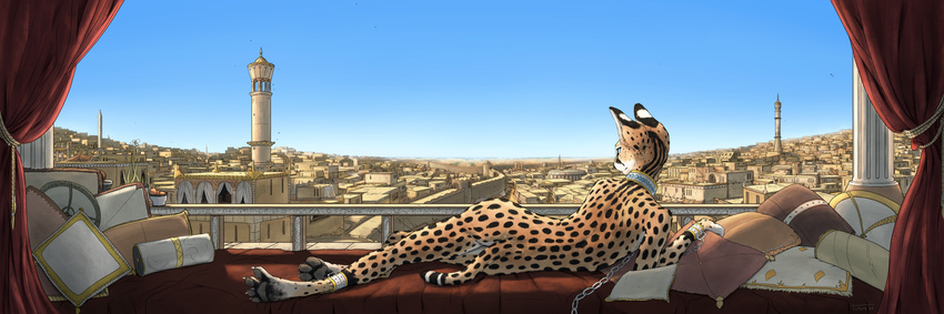 anthro balcony blue_eyes building chain city cityscape collar day drapes ears_up feline fetters horizon looking_outside lying mammal mosque pillow serval sky titusw
