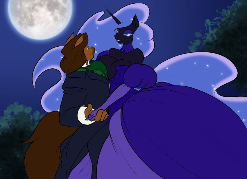 2017 anthro anthrofied balcony ballroom_gown breasts cleavage clothed clothing dancing dress equine eyeshadow female friendship_is_magic horse makeup male mammal moon my_little_pony night nightmare_moon_(mlp) pony sparkles toughset wes