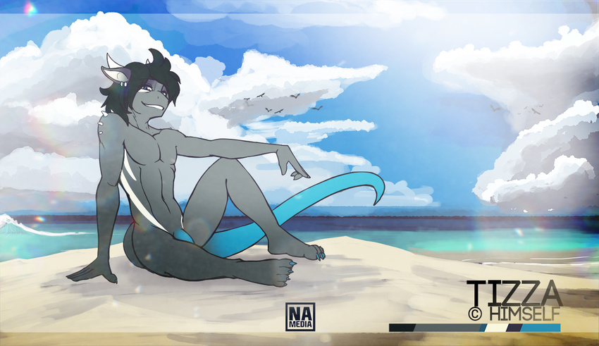 anthro avias_(artist) beach black_hair black_skin blue_eyes blue_penis blue_skin blue_tail claws cloud detailed_background english_text flaccid grin hair horn looking_at_viewer male nude outside penis penis_base scalie sea seaside sitting sky smile solo spikes text water white_skin