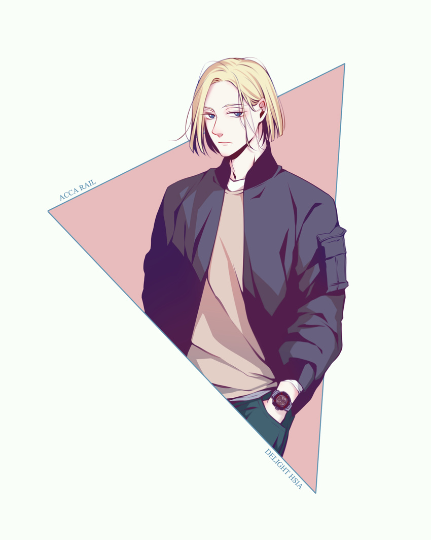 acca_13-ku_kansatsu-ka artist_name beige_background blonde_hair blue_eyes character_name copyright_name delight_hsia highres jacket male_focus rail_(acca) simple_background solo watch