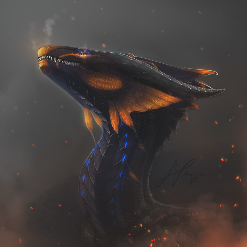 2019 ambiguous_gender averrisvis black_scales detailed_background dragon feral headshot_portrait horn implied_fire orange_eyes portrait scales smile solo spines teeth